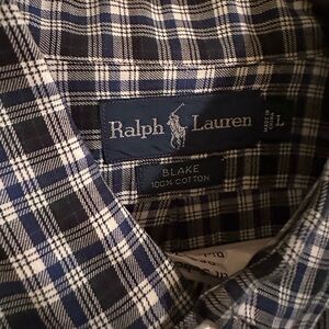 Ralph Lauren Men's Navy and White Plaid Button-Down Shirt long sleeve